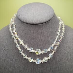 Vintage 1950s Aurora Borealis Crystal Beaded Necklace, Double Strand, 16 Inches